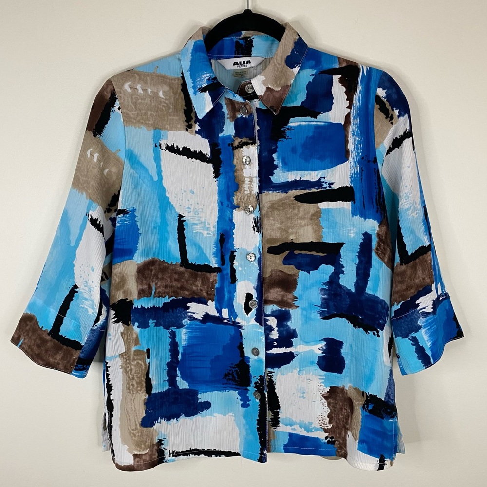 Alia Petites Women’s Button Up Collared 3/4 Sleeve Blue Brown Size 6P Shirt